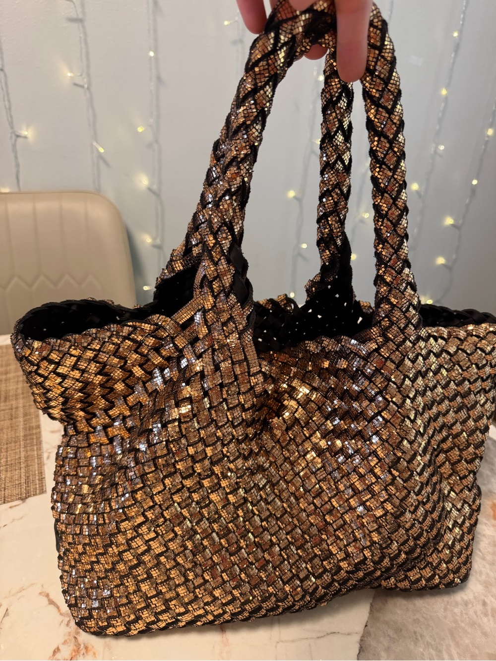 NAGHEDI Metallic Bronze Woven Tote Bag & Matching Zip Pouch Set - Picture 6 of 17
